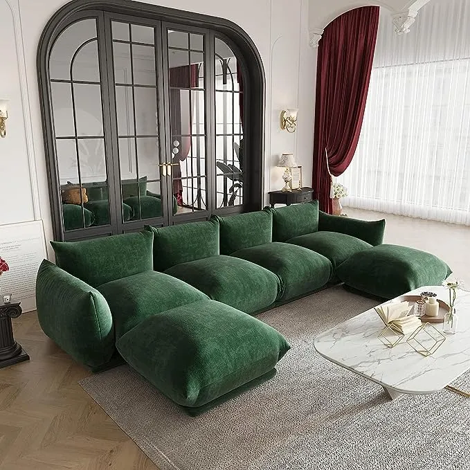 JACH 130" U-Shaped Sectional Sofa, Minimalist Chenille Modular Sofas Couches, Luxury Modern 6-Seat Couch Sectionals with Reversible Chaise Ottoman for Living Room Bedroom Office Apartment, Green