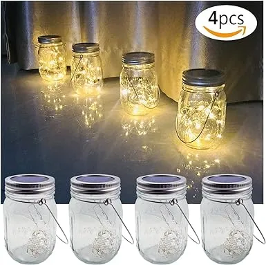 Solar Mason Jar Lights, 4 Pack 30 Leds Waterproof Fairy Firefly String Lights Build-in Glass Mason Jar, Best Patio Garden Decor Solar Hanging Lanterns Outdoor Warm White (4 Pack-Mason Jars Included)