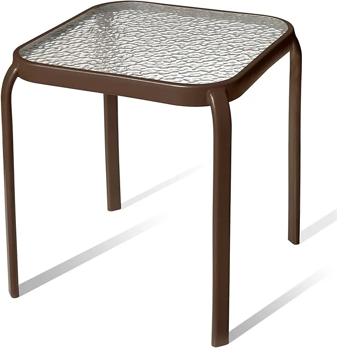 Bronze Metal Outdoor Side Table with Tempered Glass Top – Elegant Small 16" Square Patio Table – Durable Weather-Resistant Coffee Bistro Accent End Table for Outside and Garden