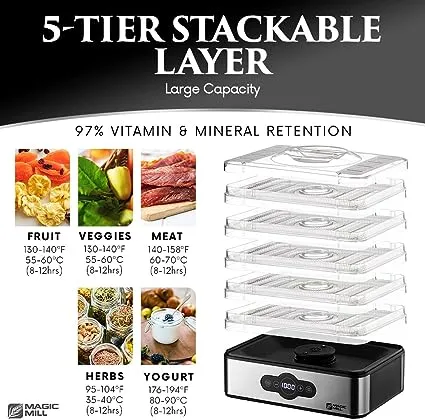 Magic Mill Food Dehydrator Machine | 5 Stackable Stainless Steel Trays Jerky Dryer with Digital Adjustable Timer and Temperature Control - Electric Food Preserver Machine with Powerful Drying Capacity for Fruits, Veggies, Meats & Dog Treats (5 Stainless 