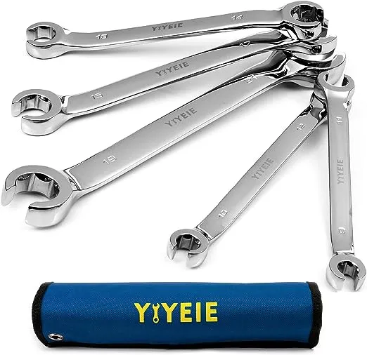 YIYEIE Flare Nut Wrench Set, Metric 5-Piece, Brake Line Wrench Set 9, 10, 11, 12, 13, 14, 15, 17, 19, 21 mm, CR-V Steel, with Roll-up Pouch