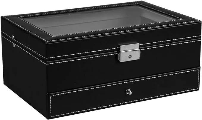 Ogrmar 12 Slot PU Leather Lockable Watch Storage Boxes, Men & Women Jewelry Display Drawer Case, 2-tier Organizer Watch Showcase with Glass Lid (Black)