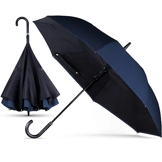 ANYWEATHER-Reversible Inverted Automatic Open Umbrella Leather J Handle