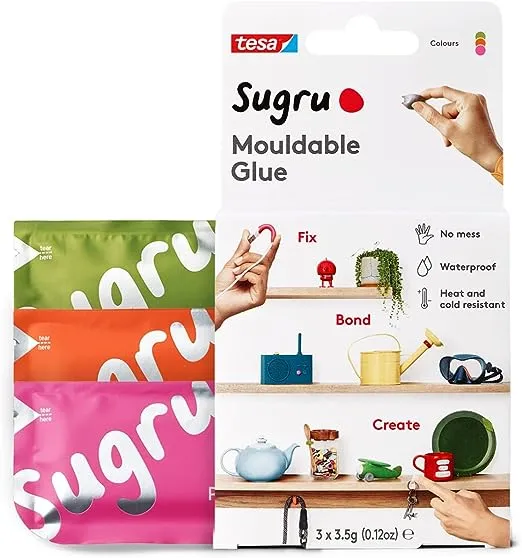 Tesa Sugru Super Glue - Waterproof Glue for Home Improvement + Craft Glue Tasks - Use as Wood Glue, Poster Putty or Silicone Adhesive for Repairing + Bonding - 3 Pack - Pink, Orange + Green (3.5g/ea)