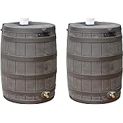 Good Ideas 50 Gallon Large Faux Wood Plastic Rain Water Barrel Collector with Brass Spigot for Rainwater Collection and Storage, Oak, 2 Pack