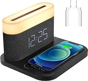 COLSUR Digital Alarm Clock with Wireless Charging 15W Max Touch Bedside Lamp with 5-100% Adjustable Brightness,12/24Hr,Snooze,QI Wireless Charger,Bedroom,Livingroom with QC3.0 Adapter