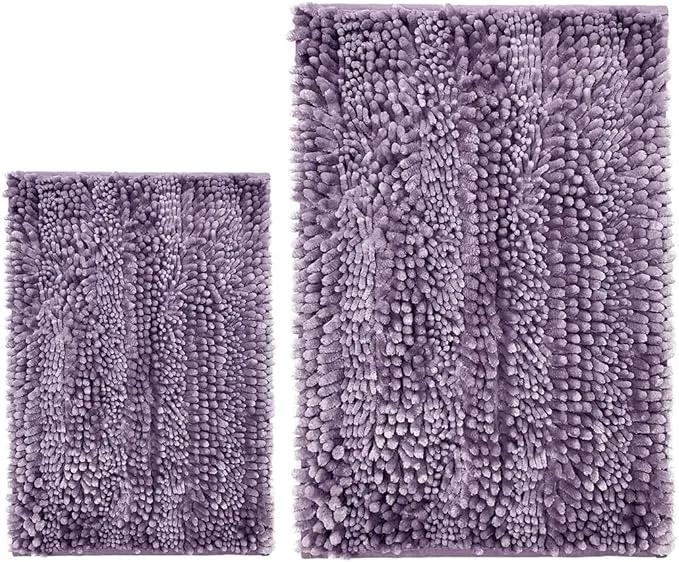 RULLENY Bathroom Rugs Set 2 Pieces, Chenille Bathroom Mats Non-Slip Shower Rug Carpet Floor Mats, Super Absorbent Washable Bath Rug Sets with Non Slip Backing, 20" x 31" Plus 16" x 24", Light Purple