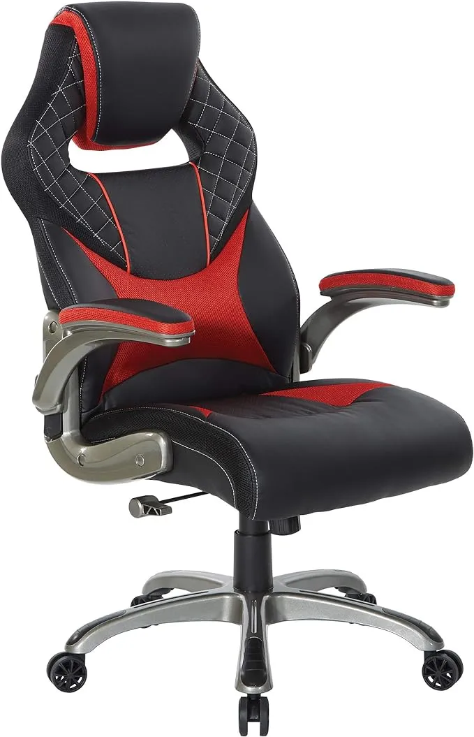 OSP Home Furnishings Oversite Ergonomic Adjustable High Back Faux Leather Gaming Chair with Thick Padded Coil Spring Seat and Padded Flip Arms, Red Accents