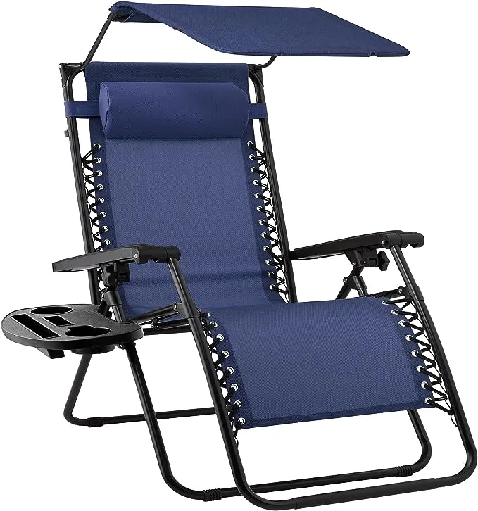 Best Choice Products Folding Zero Gravity Recliner Lounge Chair with Canopy, Navy Blue