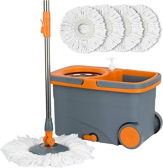 Casabella Microfiber Spin Mop and Bucket Floor Cleaning System Set with 4 Head Refills,Orange/Graphite