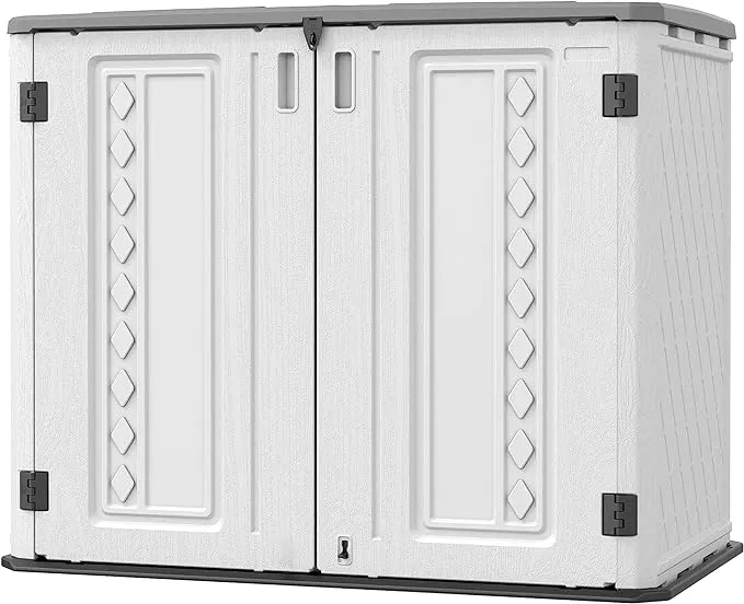 Horizontal Resin Storage Shed, 34 Horizontal Cu.ft Outdoor Storage Cabinet Waterproof for Garden/Backyard/Home/Pool, Customized Shelves & Lockable (Off White)