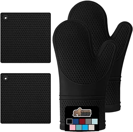 Gorilla Grip Heat Resistant Silicone Oven Mitt and Trivet Set, Waterproof, Cotton Lined, BPA-Free - 4 Piece Kitchen Set, Black