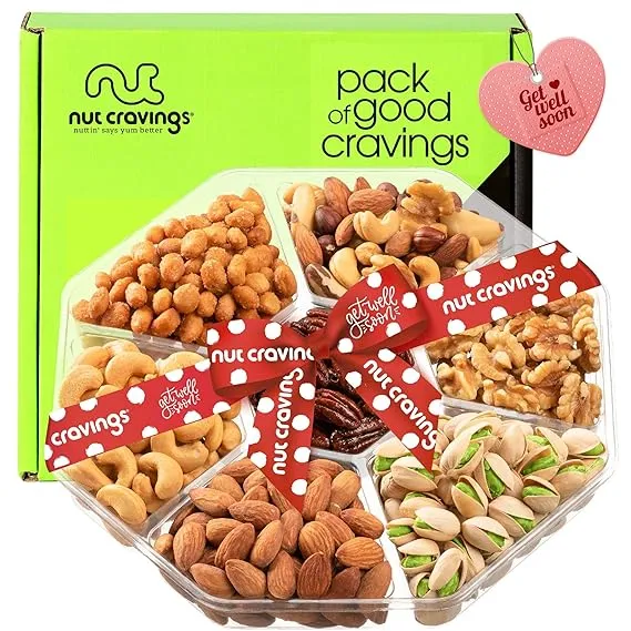 Nut Cravings Gourmet Collection - Get Well Soon Nuts Gift Basket with Get Well Soon Ribbon (7 Assortments) Care Package Variety Tray, Healthy Kosher