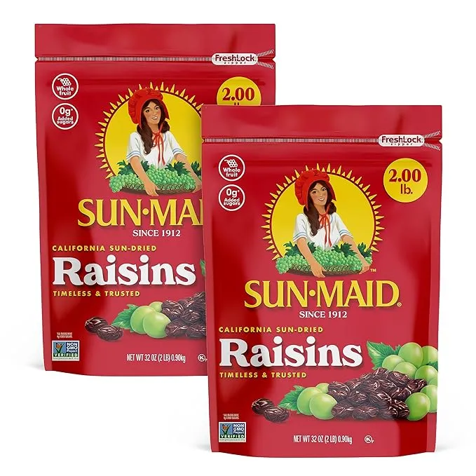 Sun-Maid California Sun-Dried Raisins - (2 Pack) 32 oz Resealable Bag - Dried Fruit Snack for Lunches, Snacks, and Natural SweetenersSun-Maid California Sun-Dried Raisins - (2 Pack) 32 oz Resealable Bag - Dried Fruit Snack for Lunches, Snacks, and Natura