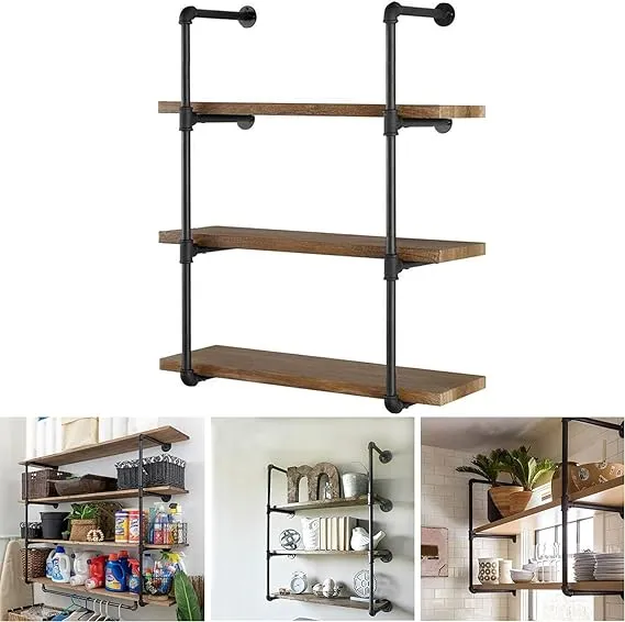 Melody House Industrial Pipe Shelving Wall Mounted Rustic Floating Shelves Iron Shelves for Wall DIY Bookshelf Brackets for Home Kitchen Office (4 Tier, 2 Pcs, 37” Tall, 12” Deep)Melody House Industrial Pipe Shelving Wall Mounted Rust…