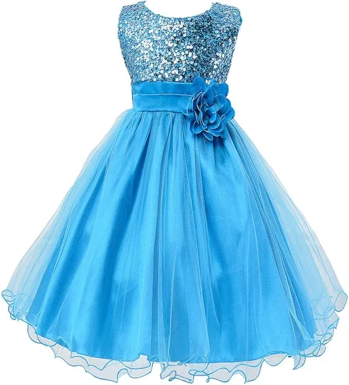 Wocau Little Girls Sequin Mesh Tull Dress Sleeveless Flower Party Ball Gown (150 ...