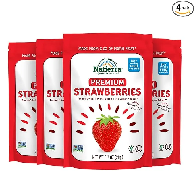 Natierra Premium Freeze-Dried Strawberries | Non-GMO & Vegan | 0.7 Ounce (Pack of 4)