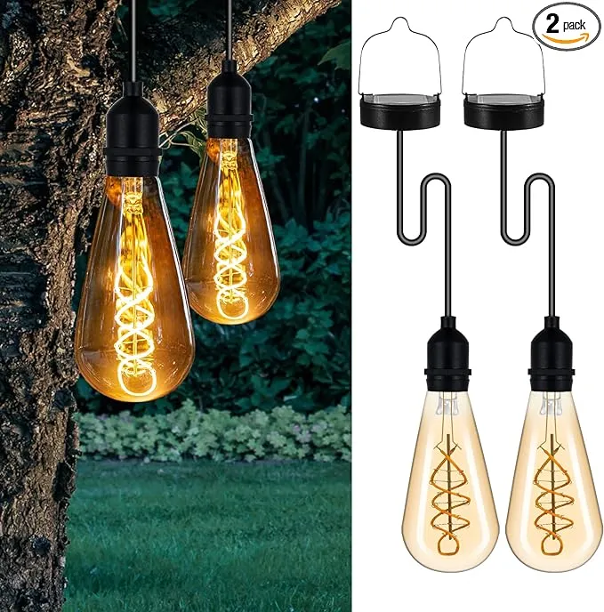 Hanging Solar Lights Glass Edison Bulbs Solar Powered Lantern Outdoor Waterpr...