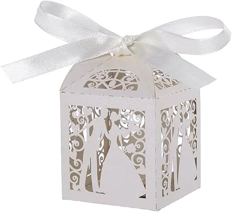 Tinksky 100pcs Wedding Candy Boxes Couple Design Luxury Lase Cut Party Wedding Favor Ribbon Candy Boxes Gift Box Table Decorations (White)