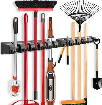 2 Pack Imillet Mop and Broom Holder, Wall Mounted Organizer Mop and Broom Storage Tool Rack with 5 Ball Slots and 6 Hooks