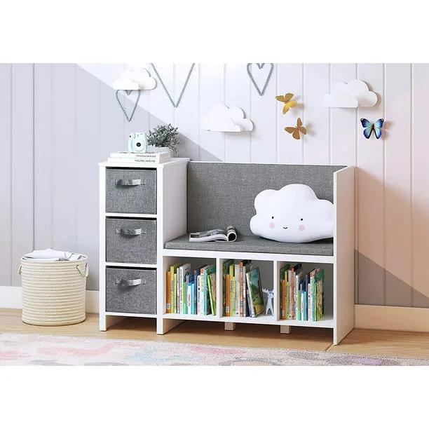 Homfa 31.5'' H x 54.5'' W Kids Bookshelf with Reading Nook, Toy Storage Organizer Bookcase for Kids Room, White