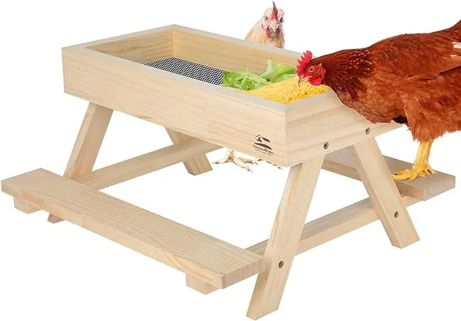 Solution4Patio Chickenic Table Handmade Wooden Picnic Table Chicken Feeder, Duck Feeder, Mesh Bottom, Easy to Clean and Fill, 15.7&quot; W x 14.9&quot; D x