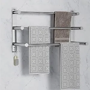 Towel Bars Freely Retractable 17-31 Inches Bathroom Towel Rack with Hooks,SUS304 Stainless Steel 2-Tiers Towel Rails Wall Mounted No Drill Adjustable,Bathroom Towels Shelves Rack with Adhesives