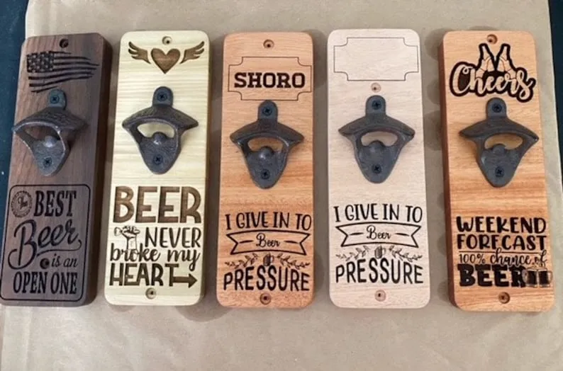 Wall / fence hanging beer bottle opener, engraved,  built in magnets to catch the bottle caps