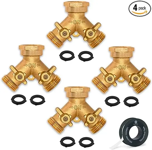 Morvat Heavy Duty Hexagonal Brass 2 Way Garden Hose Y Splitter, 4 Pack