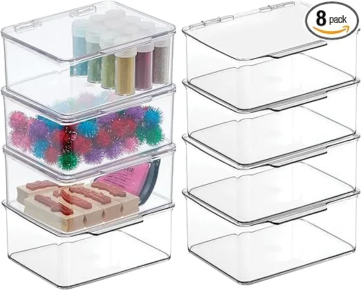 mDesign Plastic Craft Room Stackable Storage Organizer Box Containers with Hinged Lid for Thread, Beads, Ribbon, Glitter, Clay, Sewing, Crochet, Fabric - Lumiere Collection, 8 Pack - Clear