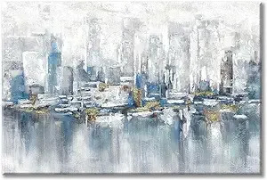 Modern Urban Abstract Painting Artwork: Contemporary Cityscape Hand Painting Abstract Canvas Wall Art for Living Room (45” x 30” x 1 Panel)