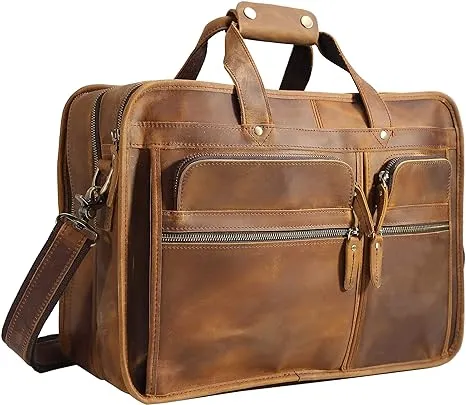 Polare 17'' Full Grain Leather Briefcase Laptop Attache Case Messenger Bag For Men Fits 15.6'' Laptop