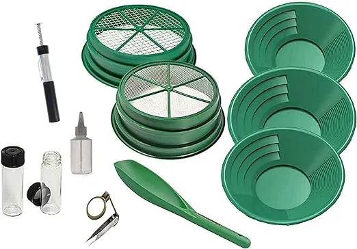 ASR Outdoor 11pc Gold Panning Kit Coarse Classifiers with Gold Pans, Sniffer Bottle, 2 Vials, Scoop, Magnifying Tweezers and Black Sand Magnet