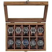 SONGMICS Watch Box, 10-Slot Watch Case, Solid Wood Watch Box Organizer with Large Glass Lid, Watch Display Case with Removable Pillows, Gift for Loved Ones, Rustic Walnut UJOW100K01