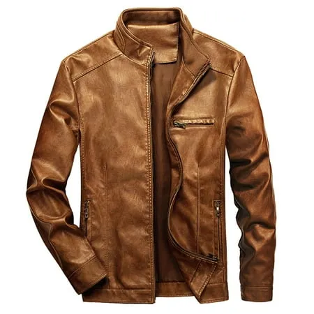 Casual Men Top Slim Fit Zip Pu Leather Motorcycle Jacket Stand Collar Biker Coat