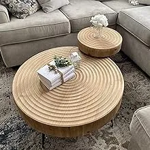 Uspeedy 2-Piece Farmhouse Wooden Coffee Table Set,Boho Coffee Table,Living Room Round Coffee Table Set,Nesting Table Round Wooden Finish with Ring Motif (Wood 1)