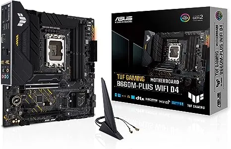 ASUS TUF B660M-PLUS WiFi D4 LGA 1700(Intel 12th Gen) mATX Gaming Motherboard (PCIe 5.0,DDR4,2xPCIe 4.0 M.2 Slots,WiFi 6,2.5 Gb LAN,Front USB 3.2 Gen 1 Type-C,Two-Way AI Noise Cancelation)