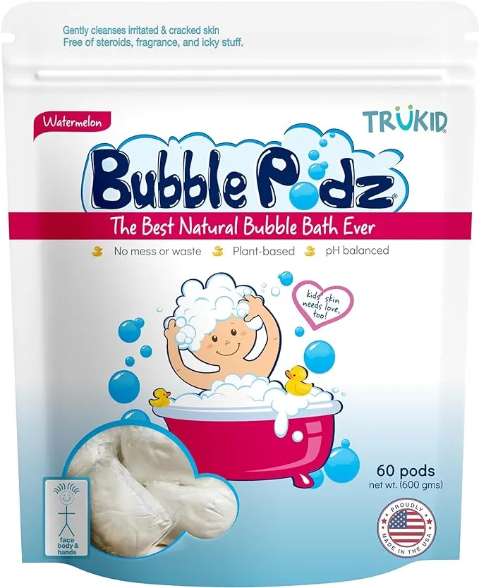 TruKid Bubble Podz Bubble Bath for Baby & Kids, Gentle Refreshing Bath Bomb for Sensitive Skin, pH Balance 7 for Eye Sensitivity, Natural Moisturizers and Ingredients, Watermelon (24 Podz)