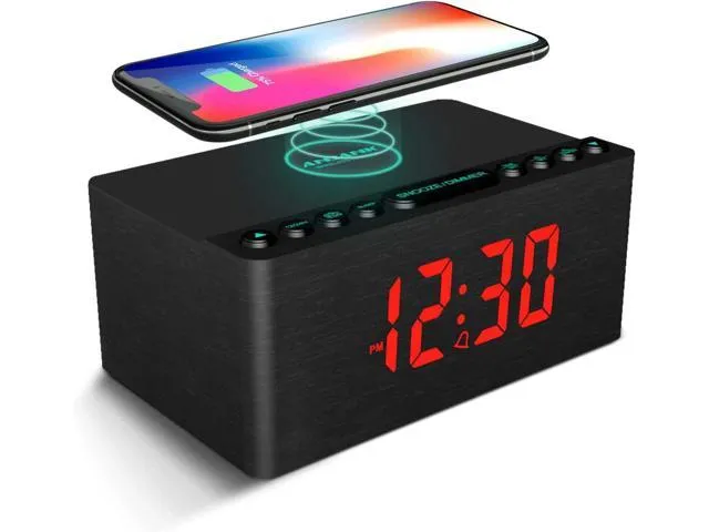 ANJANK Wooden Bluetooth Speaker Alarm Clock with Fm Radio, Wireless Charging Station for iPhone/Samsung, USB Charger Port, Dimmable Display, Sleep Timer, Digital Wood Clock for Bedroom, Bedside