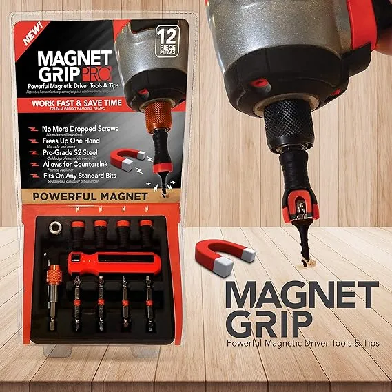 Magnet Grip Pro Magnetic Drill Bit Set | Magnetic Collar Screw holder and Bit holder | Magnetic Screwdriver Bits | Fits ANY Standard Bit | No Wobbling or Falling Screws | Allows Countersink| 12 Pieces