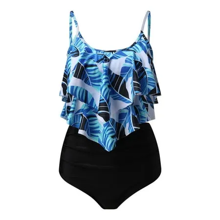 Two Piece Swimsuit for Women High Waisted Tankini Flowy Ruffle Bathing Suits Spaghetti Strap Print Bikini Sets