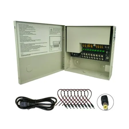 Evertech 8 channel 12V DC 5 Amp Distributed Power Supply Box with Male DC Power Connectors for Cctv Security System