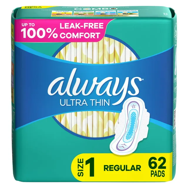 Always Ultra Thin Pads with Wings, Size 1, Regular Absorbency, 62 ct