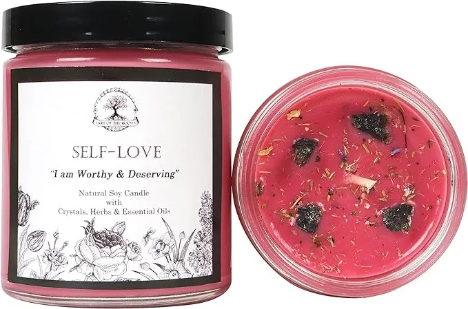 Self Love Affirmation Candle | 9 oz Natural Soy Wax | Pink Thulite Crystals,Herbs & Essential Oils | Acceptance, Self-Worth, & Forgiveness Rituals | Wiccan, Pagan, Metaphysical