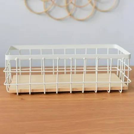 Metal Wire Bathroom Storage Organizer Basket Bin Rustic Vintage Wire Grid Wooden Base Organizing Basket for Kitchen Cabinets Shelves Pantry Closets Vanity Countertops Bedrooms Under Sinks