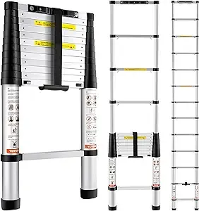 VEVOR Telescoping Ladder, 10.5 FT Aluminum One-Button Retraction Collapsible Extension Ladder, 375 LBS Capacity w/Non-Slip Feet, Portable Multi-Purpose Compact Ladder for Home, RV, Loft, ANSI Listed