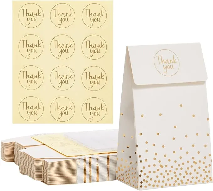 24 Pack Gold Confetti White Gift Bags with Thank You Stickers