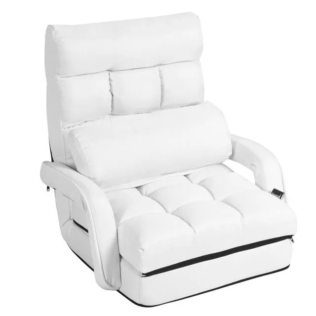 Giantex Updated Folding Lazy Sofa Floor Chair Sofa Lounger Bed with Armrests and a Pillow Lounger Bed Chaise Couch (White)