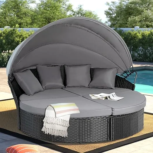 Outdoor Patio Furniture Canopy Daybed Round Sofas, 4 Pieces Seating Separates Cushioned Seats, Black Wicker, Lawn Poolside Garden, Grey