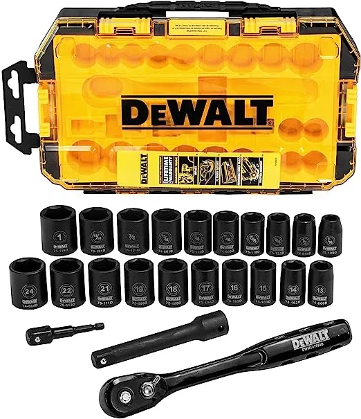 DEWALT Impact Socket Set, 1/2" Drive, For SAE and Metric Fasteners, 23-Piece, Retaining Pin Compatible, DirectTorque Technology for Better Grip(DWMT74739),One Size